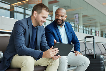 Image showing Airport, business team people and tablet talking of flight schedule, travel news or fintech management. Happy investment black man, international partner and digital technology for immigration advice