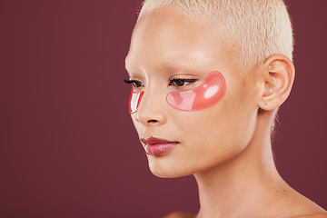 Image showing Eye patch, relax and spa beauty of black woman doing face cleaning and wellness facial. Calm, skin glow and mockup of a young model in a studio for dermatology, collagen and self care treatment