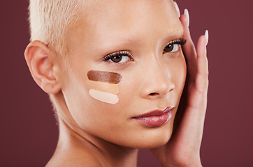 Image showing Makeup, beauty and portrait of woman with foundation, cosmetics products and contour on studio background. Cosmetology, self care and face of girl with lines for skin color, toner or facial treatment