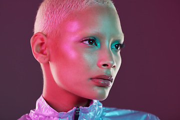 Image showing Vaporwave profile, black woman and cyberpunk cosmetics with model thinking in a studio. Isolated, glow makeup and futuristic cyber fashion of a young person with chrome clothing and scifi design