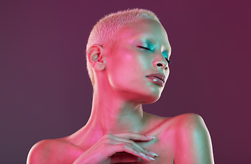 Image showing Art, neon beauty and woman with eyes closed, makeup and lights in creative advertising on studio background. Cyberpunk, aesthetic or fantasy girl and model isolated in futuristic skincare mock up