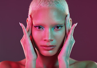 Image showing Cyberpunk, art and cosmetics, portrait of woman with neon makeup and lights in creative advertising on studio background. Fantasy girl, model face and futuristic skincare and beauty mockup space