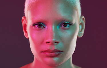 Image showing Beauty, neon face and portrait of woman with makeup and lights for creative advertising on studio background. Cyberpunk, art girl or fantasy model isolated for skincare and futuristic mock up space