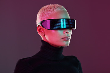 Image showing Woman, vr and metaverse augmented reality glasses for futuristic gaming and technology. Cyberpunk person on studio background with digital headset for 3d and cyber world robot fantasy user experience