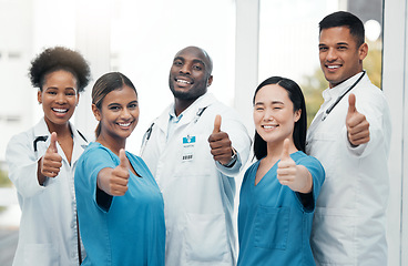 Image showing Nurses, doctors and thumbs up portrait of healthcare team for success, support and thank you. Hand sign of diversity women and men happy for medical teamwork in hospital with trust and care