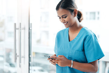 Image showing Phone, nurse and healthcare woman typing online for advice on life insurance and health website. Medical surgeon or doctor and smartphone writing communication, virtual consultation and research