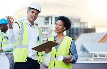 Image showing Engineering, clipboard and construction workers planning project in collaboration on outdoor site. Teamwork, professional and industrial employees with checklist for maintenance, repairs or building.