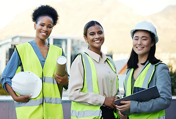 Image showing Engineering, team and portrait of a construction workers on a site outdoor in the city in collaboration. Teamwork, colleagues and group of female industrial employees planning a building project.