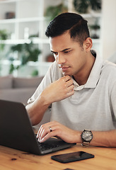 Image showing Concentrating, thinking and laptop with business man for freelancer, planning and website research. Strategy, email and idea with remote worker in home office for designer, internet and technology