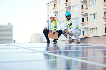 Image showing Solar panels, engineering people and rooftop inspection of energy saving, urban development or electricity. Teamwork, checklist and technician men with sustainable power solution or city installation