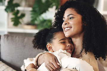 Image showing Black family, love and hug by girl and mother on a sofa, happy and relax in their home together. Mom, daughter and embrace on a couch, cheerful and content while sharing a sweet moment of bonding