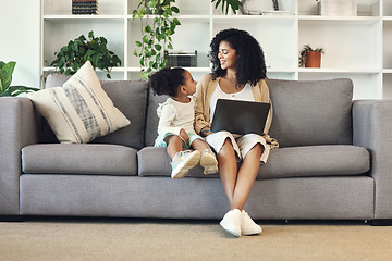 Image showing Child, mother and laptop in family home living room for remote work, online education and wifi. Happy woman and girl kid talking on couch with internet for learning, games and watch movies to relax