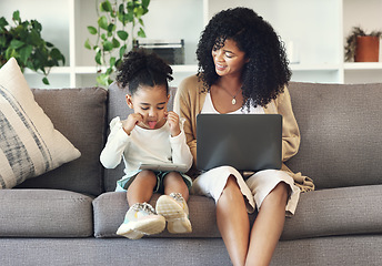 Image showing Black family, child and funny selfie with technology on home couch for remote work or online education. Woman or mother and kid on tablet and laptop internet for learning development, games and movie