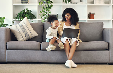 Image showing Family, mother and child with laptop in home living room for remote work, online education and wifi. Black woman and girl together on couch with internet for learning, games and watch movies to relax