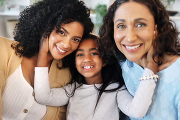 Image showing Selfie, portrait and happy with generations of family for social media, bonding and support. Girl, relax and smile with group of women in living room at home for trust, affectionate and picture