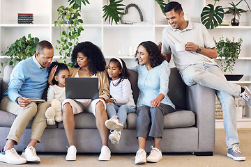 Image showing Big family, home and laptop on couch learning with online education, games or movie. Parents, grandparents and children relax together in lounge with internet for quality time streaming and bonding