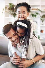 Image showing Happy family, hug and kids with father on a sofa, happy and relax, playing and laughing in living room. Love, children and parent embrace on a couch, playful smile and excited for day off or weekend