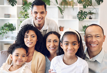 Image showing Family in happy portrait with kids, parents and grandparents on sofa with smile in home in Brazil. Happiness, generations of men and women with children, people spending time together making memories