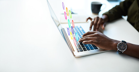 Image showing Man hands, laptop and icon hologram with notification dashboard for software application and internet. Creative person at office desk with mockup space for ai, ux and media with future erp innovation