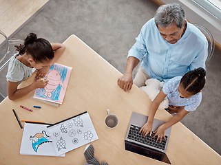 Image showing Learning, education and above home school for kids with grandfather at table for writing, lesson and online class. Distance or elearning, laptop and children with family, helping for development