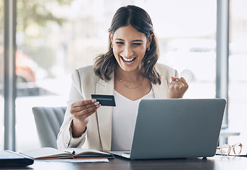 Image showing Finance, credit card and wow with woman and laptop in office for savings, investment or online shopping sale. Success, fintech and ecommerce with customer and website for deal, payment or offer