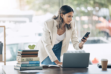 Image showing Business woman, thinking or phone spam in email phishing, website technology scam or cloud data hacking. Confused, doubt or reading worker with mobile digital breach, cyber security crisis or theft