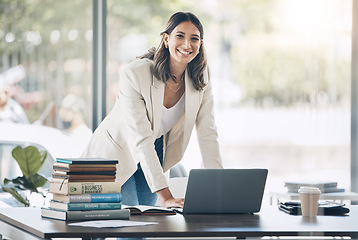 Image showing Business woman, portrait or laptop in management strategy review, planning leadership schedule or timeline mock up. Smile, happy or employee on technology for startup calendar agenda or growth goals