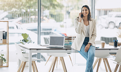 Image showing Business woman, phone call or networking in management, corporate designer or professional startup goals. Happy smile, talking or worker mobile communication with technology of a young person