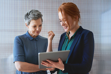 Image showing Business mentor, tablet and women planning or talking about ideas, strategy and brainstorming. Woman and leader or manager for online discussion, collaboration and teamwork for web research or advice