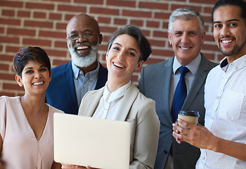 Image showing Business team, startup and portrait with leader planning strategy and brainstorming with diversity. Happy management, men and women for laptop research, collaboration or teamwork on corporate project