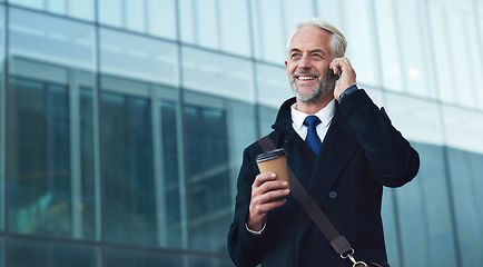 Image showing City, phone call and smile, mature businessman or lawyer outside law firm, successful legal advice discussion. Ceo, man or happy boss with coffee, 5g and smartphone, crm or networking conversation.