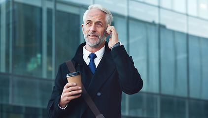 Image showing City, phone call and coffee, mature businessman or lawyer outside law firm in discussion on legal advice. Ceo, man or happy boss with communication, 5g and smartphone, crm or networking conversation.