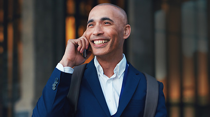 Image showing City, phone call and smile on sidewalk, businessman or lawyer outside law firm, successful legal advice. Ceo, man or happy boss with communication, 5g and smartphone, crm or networking conversation.