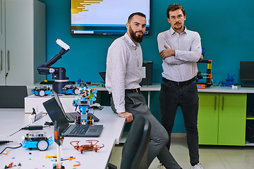 Image showing A group of colleagues collaborate in a lab while testing a 3D printer, demonstrating their commitment to technological advancement and scientific research.