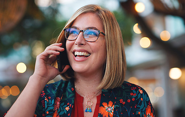 Image showing Phone call, thinking and woman laughing in city, talking or speaking to contact at night. Bokeh, funny and happy female with 5g mobile smartphone for networking, conversation or discussion in town.