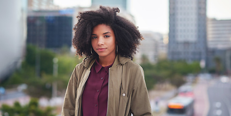 Image showing Black woman in city, travel and freedom with portrait, content with mockup space and young person outdoor. Fashion, beauty and calm with peace and relax in urban cityscape, gen z youth in New York