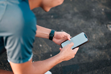 Image showing Phone, screen and fitness of man, city and mockup for workout, exercise app or internet search on social media. Urban sports guy with smartphone, mobile typing or check wellness goals on digital tech