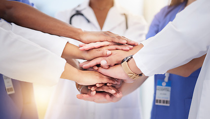 Image showing Healthcare, diversity and hands of doctors for teamwork, partnership and medicine success. Motivation, support and medical workers in hand gesture for solidarity, help mission and collaboration goals