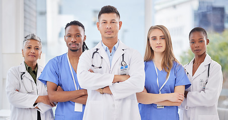 Image showing Arms crossed, medicine teamwork and diversity portrait for medical collaboration, support or wellness surgery. Group of healthcare doctors, nurses and focus with motivation, trust or hospital mission