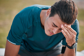 Image showing Fitness, stress and man with a headache after exercise or doing outdoor training for a competition. Sports, wellness and tired male athlete with a migraine or problem after an intense workout.