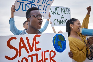 Image showing Climate change, protest poster and black man scream for freedom movement. Angry, crowd screaming and young people by the sea with world support for global, social and equality action at the beach