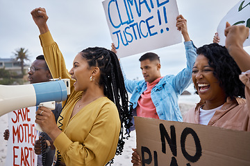 Image showing Protest, climate change and megaphone with black woman at the beach for environment, earth day and action. Global warming, community and pollution with activist for social justice, support or freedom