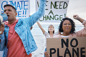 Image showing Protest, climate change and poster with people, fight with freedom movement for environment rights outdoor. Politics, activism and action with support, solidarity and saving planet, angry with voice