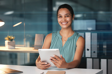 Image showing Office tablet, night portrait and black woman editing social network article, digital website or online web blog. Happy research employee, media business and journalist working overtime on news post