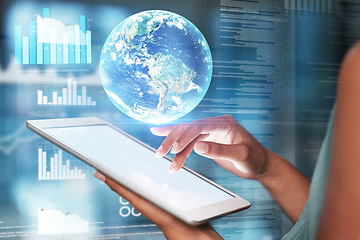 Image showing Tablet, hands and globe hologram with future technology and analytics, graph and digital overlay with woman. Global network, innovation and 3D with programmer and screen mockup, coding and big data