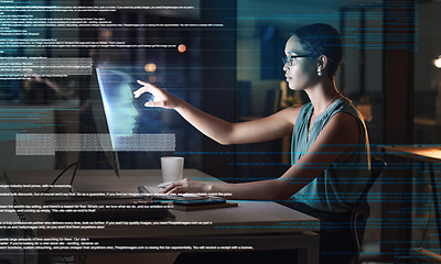 Image showing Ai, computer and night with black woman in office for facial recognition, augmented reality and matrix overlay. Digital transformation, cybersecurity and futuristic with employee for data or software