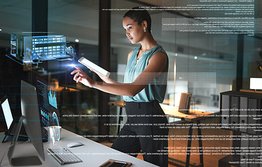 Image showing Tablet, 3d hologram and business woman in office with house or building model at night. Futuristic, technology and female employee with digital touchscreen, cyber mockup and overlay, graphs or data.