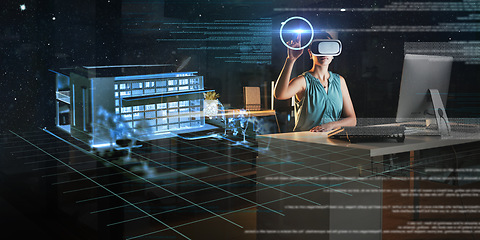 Image showing Engineering, architecture overlay or woman in virtual reality or vr for a 3d house model in office at night. Home, metaverse technology or designer designing a futuristic digital online innovation