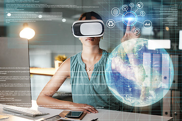 Image showing Global network, globe overlay or woman in virtual reality or vr glasses for 3d ai or iot experience in office. Metaverse technology or person networking with a futuristic digital online innovation