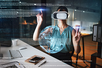 Image showing Earth overlay, global network or woman in virtual reality or vr for a 3d experience in office at night. Future, metaverse globe or employee networking with a futuristic digital online innovation